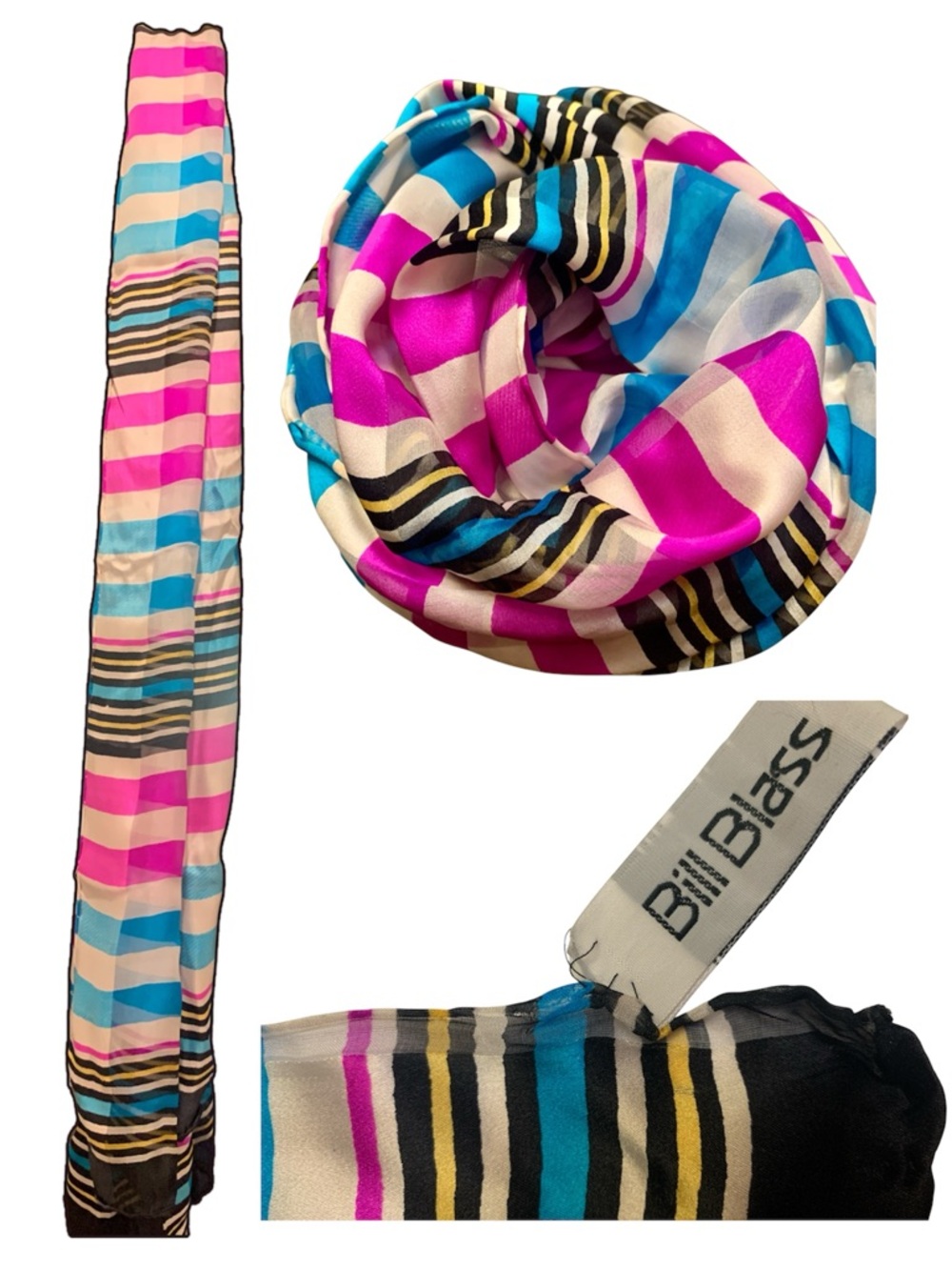 Bill Blass Striped Oblong Scarf in Bright Pink, Blue, Yellow, White & Black